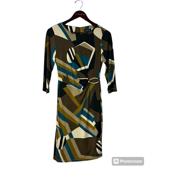 Tahari Arthur S Levine Dress Womens Sz 2 Abstract Multi Color Gathered Waist T4 - Picture 1 of 12
